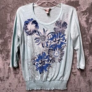 White Stag Floral Top Women M Mint Green Blue 3/4 Sleeve Smocked Waist Boho Knit